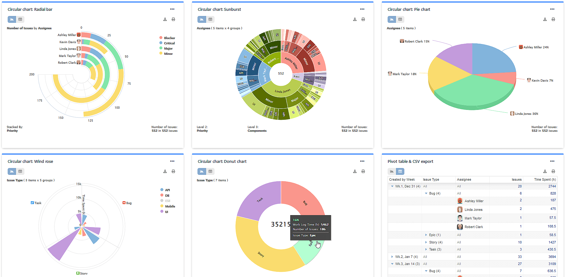 Chart types for Performance Objectives for Jira app - circular charts - radial bar, sunburst, pie chart, donut chart, wind rose