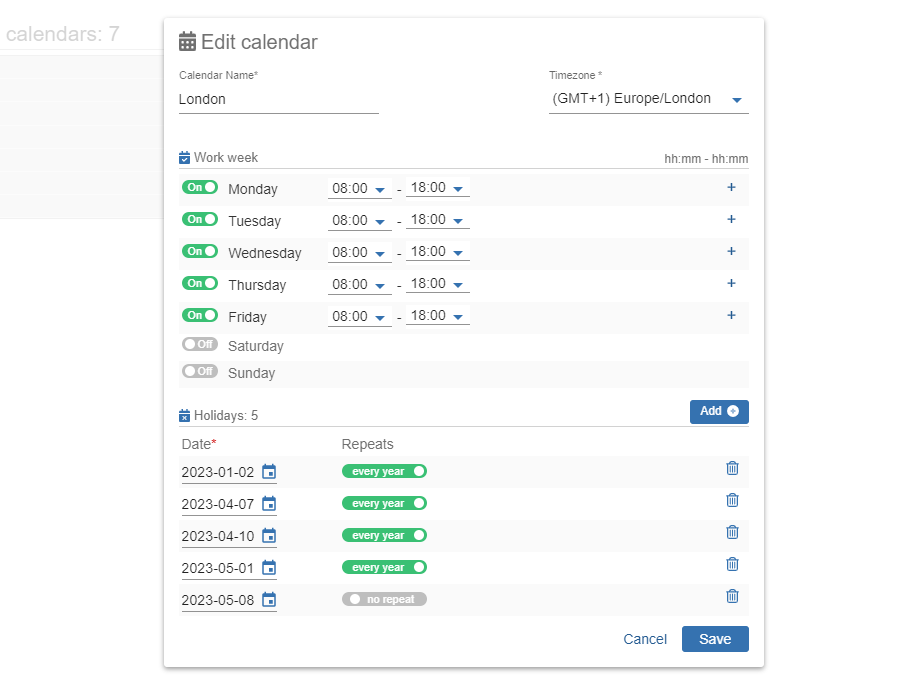 WorkCalendars Custom calendar